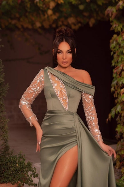 Sexy One Shoulder Beading Split Evening Dresses Long Prom Dresses With Long Sleeves