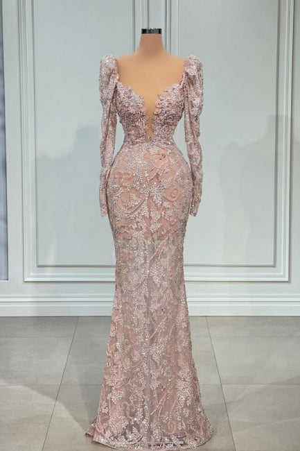 Sexy Rosa V-Ausschnitt Lange Ärmel Spitze Meerjungfrau Ballkleid Abendkleider