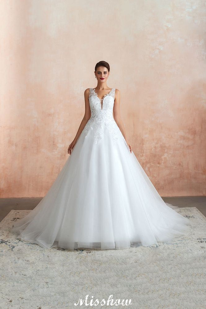 Sexy Pluging V-Ausschnitt Brautkleid Transparente Spitze Aline Brautkleid