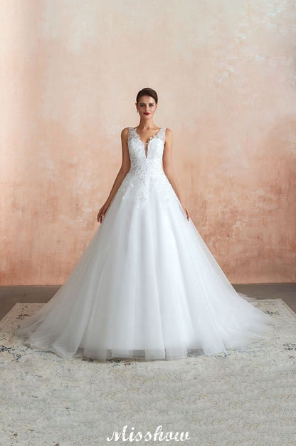 Sexy Pluging V-Ausschnitt Brautkleid Transparente Spitze Aline Brautkleid
