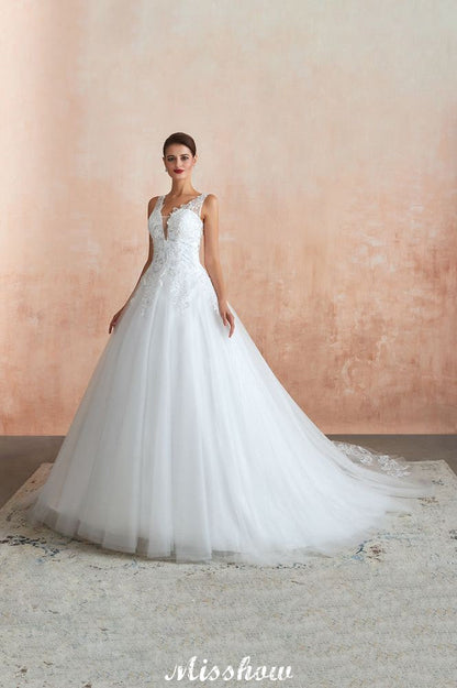 Sexy Pluging V-Ausschnitt Brautkleid Transparente Spitze Aline Brautkleid