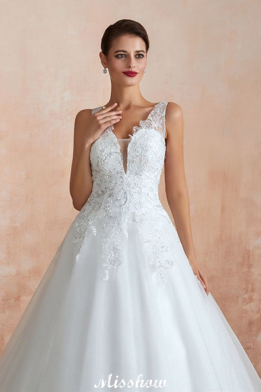 Sexy Pluging V-Ausschnitt Brautkleid Transparente Spitze Aline Brautkleid