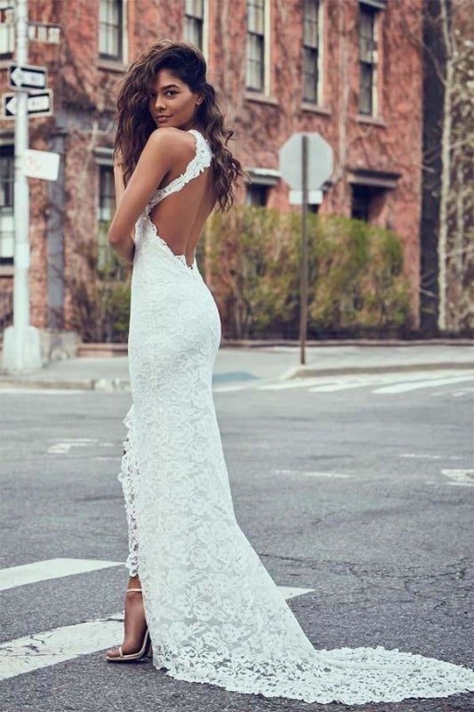Sexy Hübsche Meerjungfrau Juwel Spitze Rückenfrei Mit Hofschleppe Strand Elegante Brautkleider 