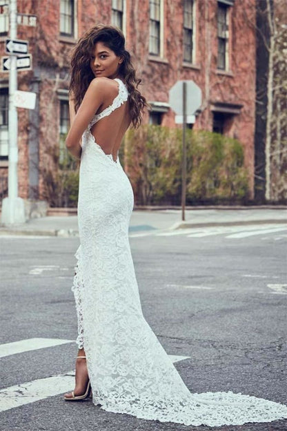 Sexy Hübsche Meerjungfrau Juwel Spitze Rückenfrei Mit Hofschleppe Strand Elegante Brautkleider 