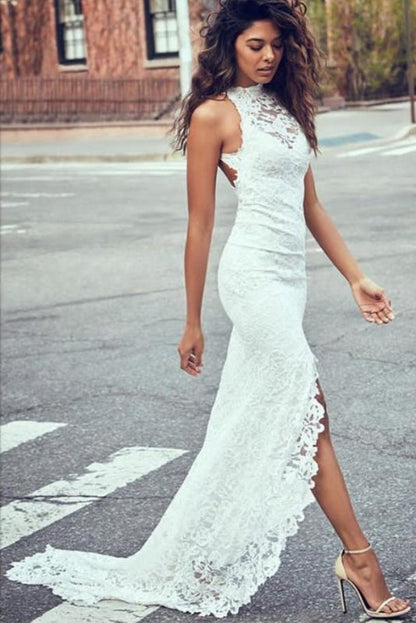Sexy Hübsche Meerjungfrau Juwel Spitze Rückenfrei Mit Hofschleppe Strand Elegante Brautkleider 