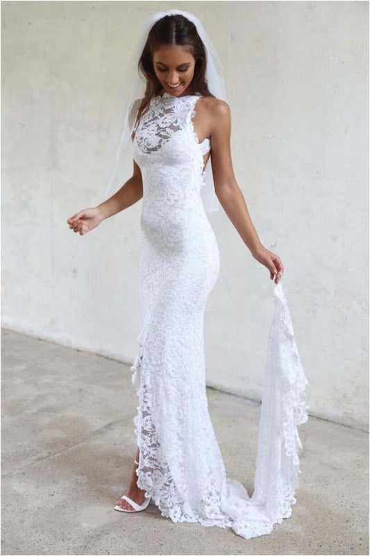 Sexy Hübsche Meerjungfrau Juwel Spitze Rückenfrei Mit Hofschleppe Strand Elegante Brautkleider 