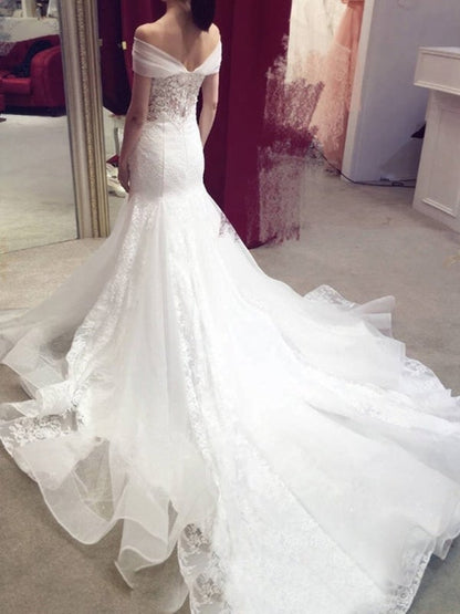 Sexy Hübsche Meerjungfrau Off-the-Shoulder Kapelle Schleppe Spitze Applique Elegante Brautkleider 