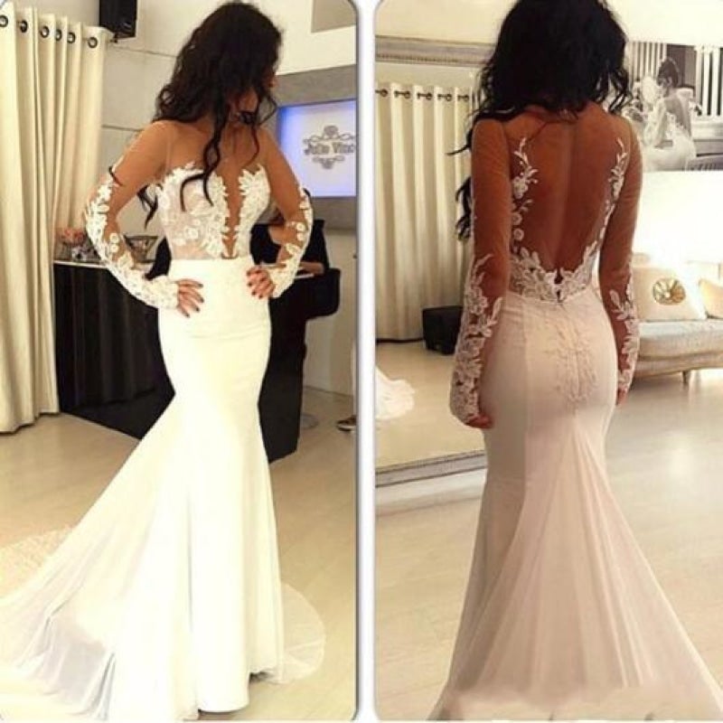 Sexy Hübsche Meerjungfrau Offener Rücken Langarm Elegante Brautkleider 