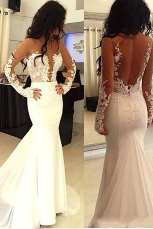 Sexy Hübsche Meerjungfrau Offener Rücken Langarm Elegante Brautkleider 