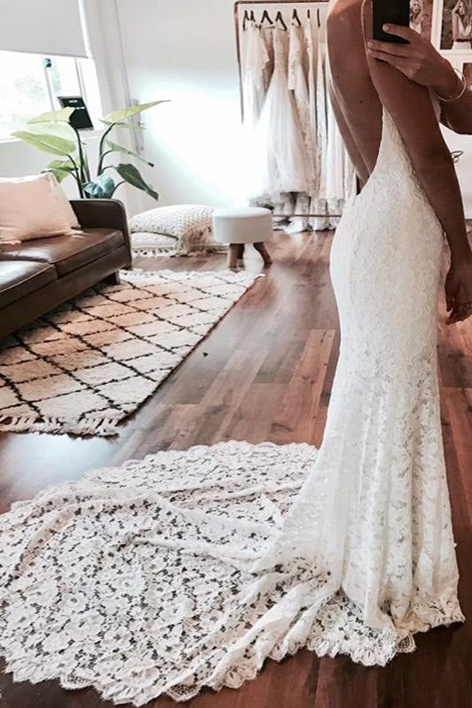 Vestidos de novia elegantes de encaje con tirantes finos y espalda descubierta de sirena sexy y bonitos