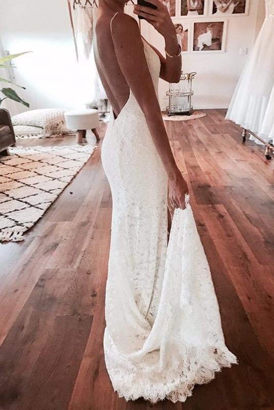 Vestidos de novia elegantes de encaje con tirantes finos y espalda descubierta de sirena sexy y bonitos