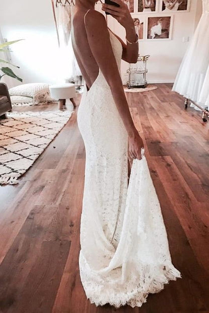 Sexy Hübsche Meerjungfrau Spaghettiträger Rückenfreies Strand Spitze Elegante Brautkleider 