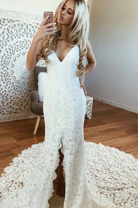 Vestidos de novia elegantes de encaje con tirantes finos y espalda descubierta de sirena sexy y bonitos