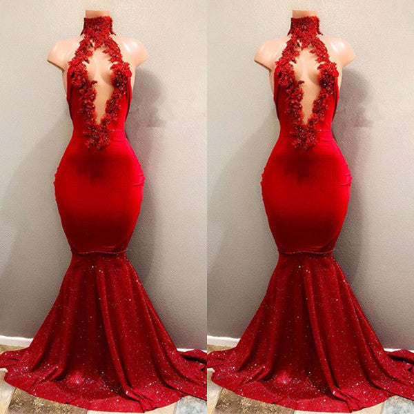 Vestido de fiesta de sirena sexy con cuello alto rojo