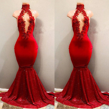 Sexy rotes Meerjungfrau-Ballkleid mit hohem Kragen 