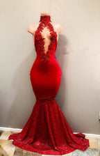 Vestido de fiesta de sirena sexy con cuello alto rojo