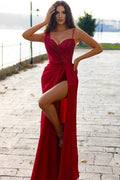 Vestido de fiesta sexy rojo largo con lentejuelas y abertura frontal estilo sirena