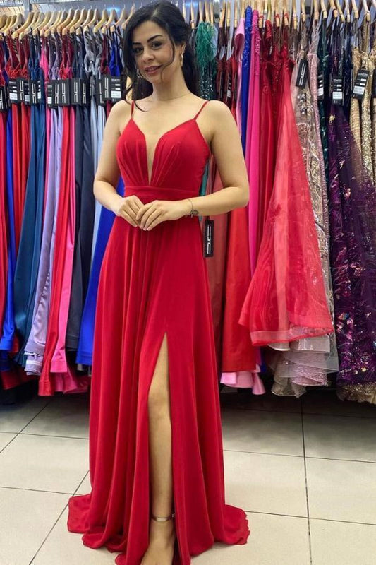 Sexy rotes Ballkleid mit V-Ausschnitt und seitlichem Schlitz und Spaghettiträgern