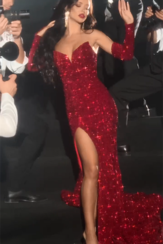 Sexy rotes ärmelloses Meerjungfrau-Ballkleid mit V-Ausschnitt und Pailletten