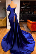 Sexy königsblaues langes Meerjungfrau-Ballkleid aus Satin mit Schlitz