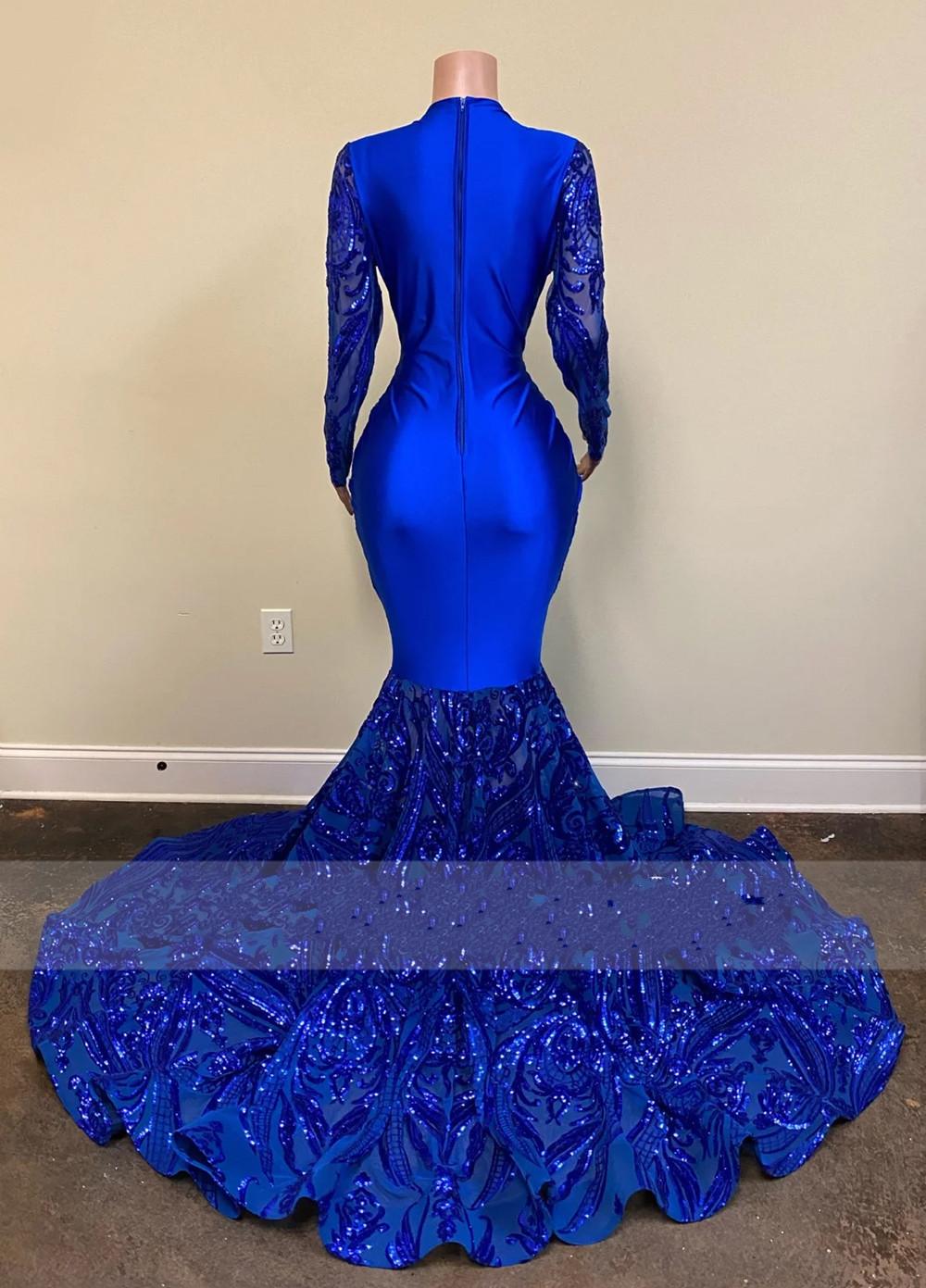 Vestidos de fiesta sexys de sirena azul real con escote en V y mangas