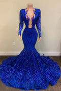Vestidos de fiesta sexys de sirena azul real con escote en V y mangas
