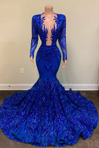 Vestidos de fiesta sexys de sirena azul real con escote en V y mangas