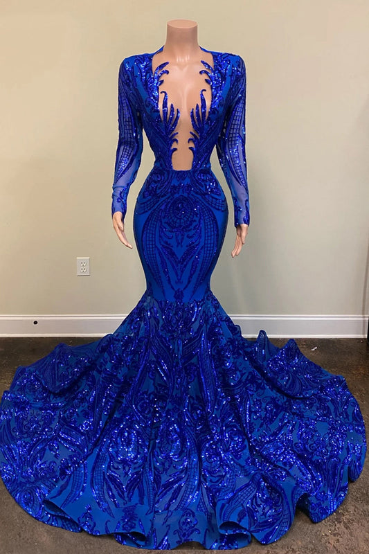 Sexy königsblaues langes Meerjungfrau-Ballkleid mit V-Ausschnitt und Ärmeln