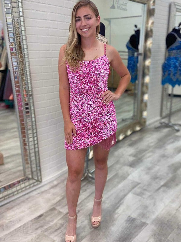 Sexy Royal Blue Spaghetti Straps Sequined Sleeveless Short Homecoming Dresses