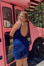 Vestidos de fiesta cortos, sexys, azul rey, con escote en V y tirantes finos, sin mangas