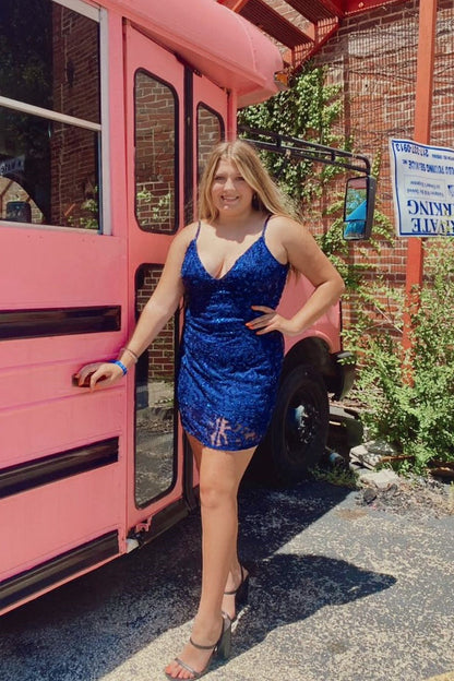 Sexy Royal Blue V-neck Spaghetti Straps Sleeveless Short Homecoming Dresses