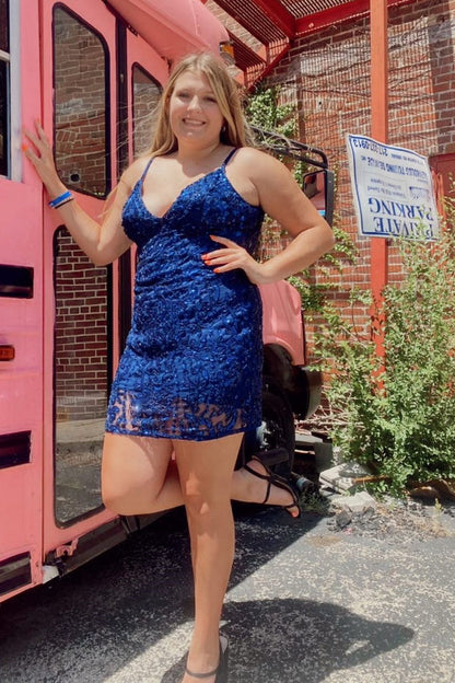 Sexy Royal Blue V-neck Spaghetti Straps Sleeveless Short Homecoming Dresses