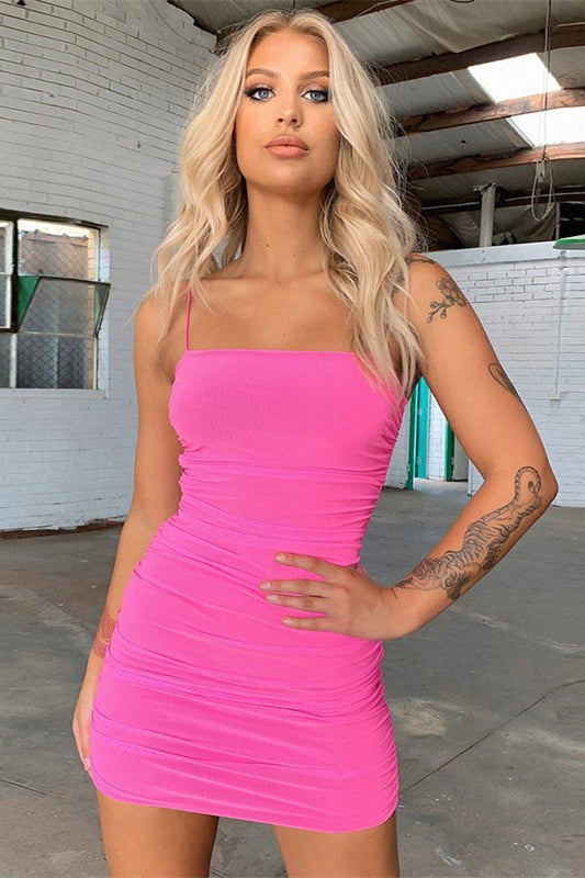Sexy Satin gerüscht V-Ausschnitt Spaghettiträger ärmellose Homecoming Kleider