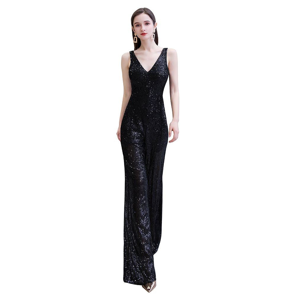 Sexy glänzender ärmelloser Ball-Jumpsuit mit silbernen Pailletten und V-Ausschnitt
