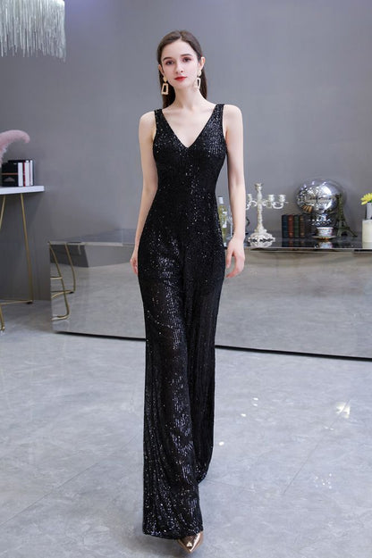 Sexy glänzender ärmelloser Ball-Jumpsuit mit silbernen Pailletten und V-Ausschnitt