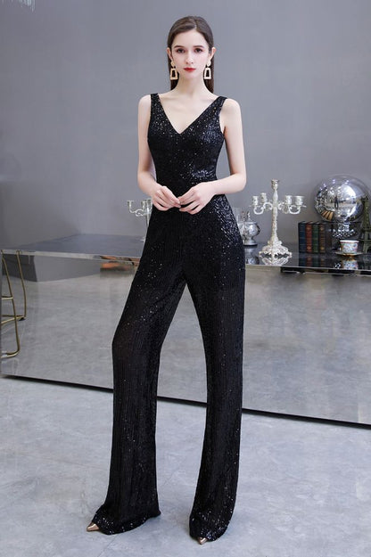 Sexy glänzender ärmelloser Ball-Jumpsuit mit silbernen Pailletten und V-Ausschnitt