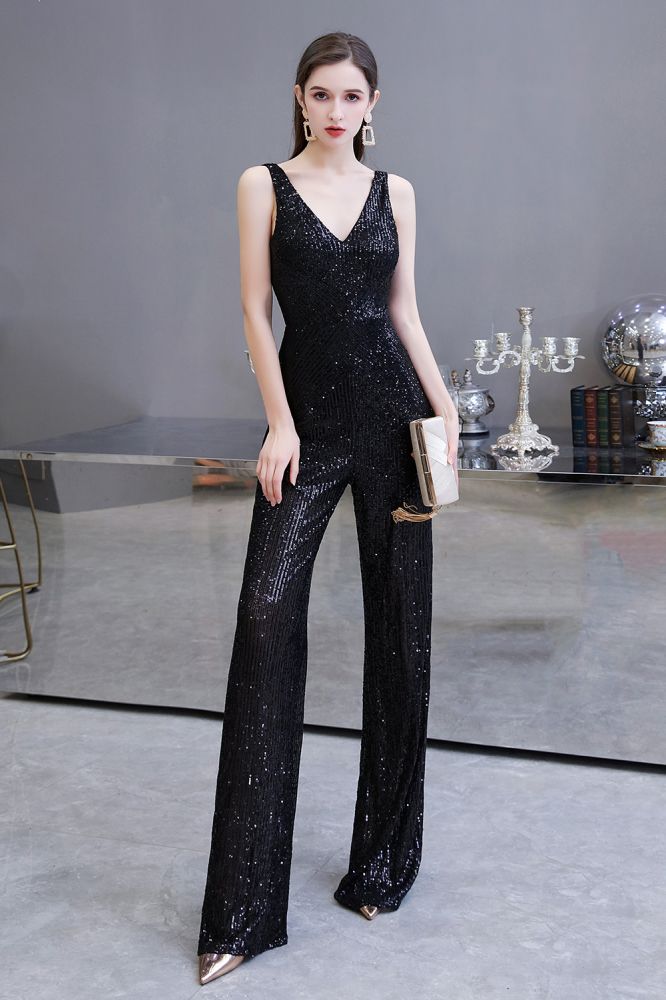 Sexy glänzender ärmelloser Ball-Jumpsuit mit silbernen Pailletten und V-Ausschnitt