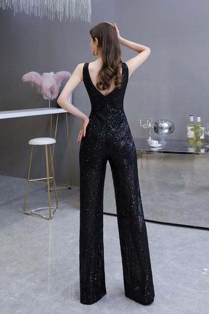 Sexy glänzender ärmelloser Ball-Jumpsuit mit silbernen Pailletten und V-Ausschnitt