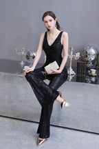 Sexy Shining V-neck Silver Sequin Sleeveless Prom Jumpsuit