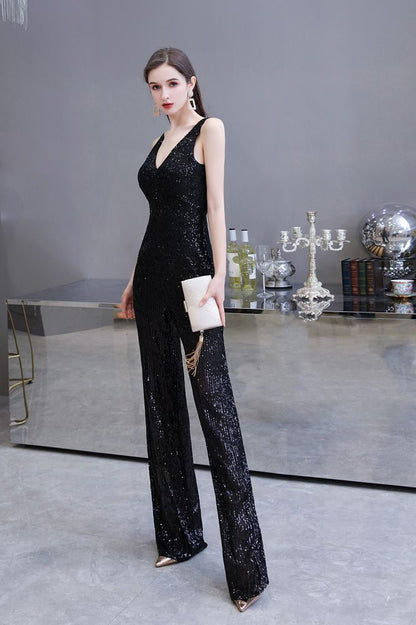 Sexy glänzender ärmelloser Ball-Jumpsuit mit silbernen Pailletten und V-Ausschnitt