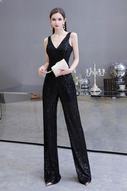 Sexy glänzender ärmelloser Ball-Jumpsuit mit silbernen Pailletten und V-Ausschnitt