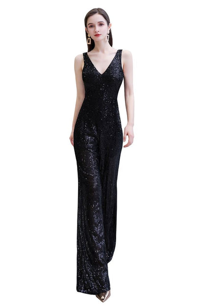 Sexy glänzender ärmelloser Ball-Jumpsuit mit silbernen Pailletten und V-Ausschnitt
