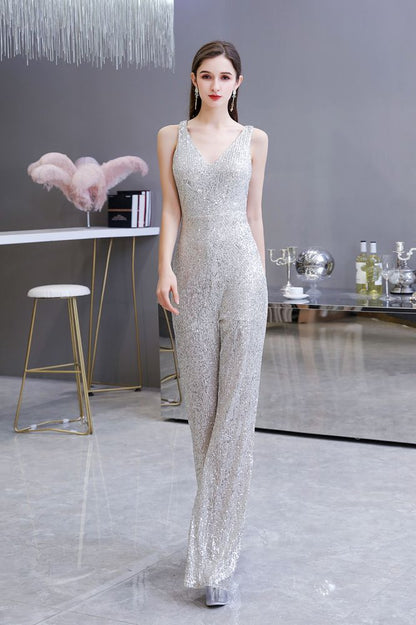 Sexy glänzender ärmelloser Ball-Jumpsuit mit silbernen Pailletten und V-Ausschnitt