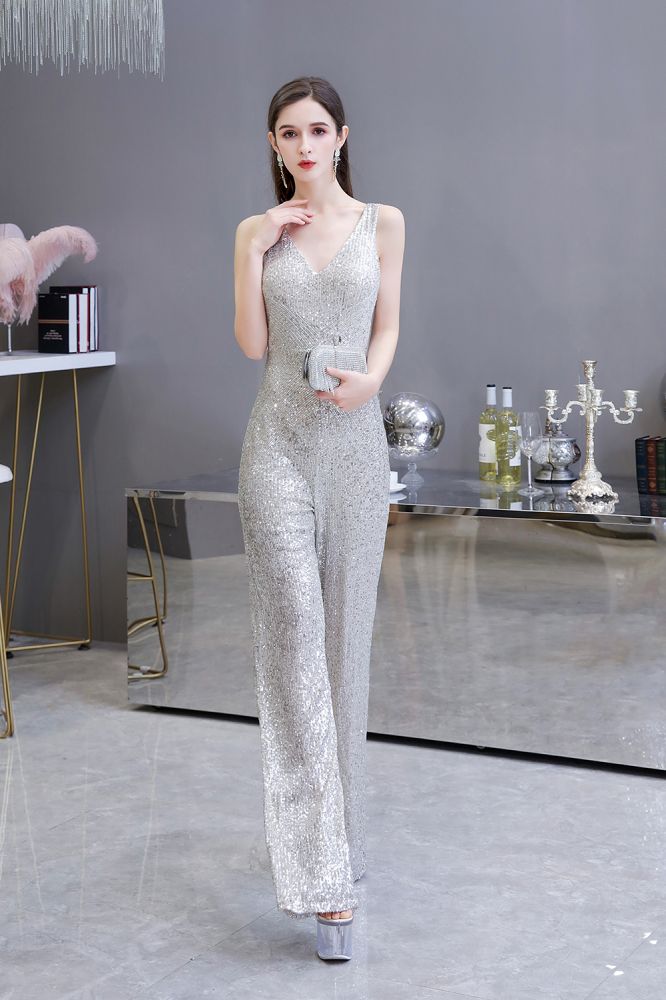 Sexy glänzender ärmelloser Ball-Jumpsuit mit silbernen Pailletten und V-Ausschnitt