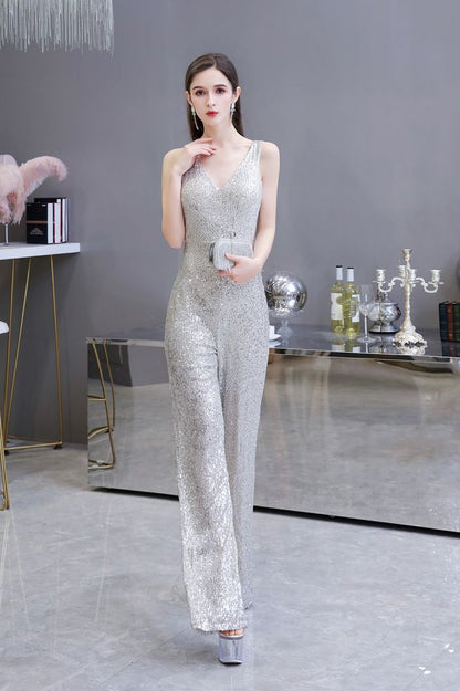 Sexy glänzender ärmelloser Ball-Jumpsuit mit silbernen Pailletten und V-Ausschnitt