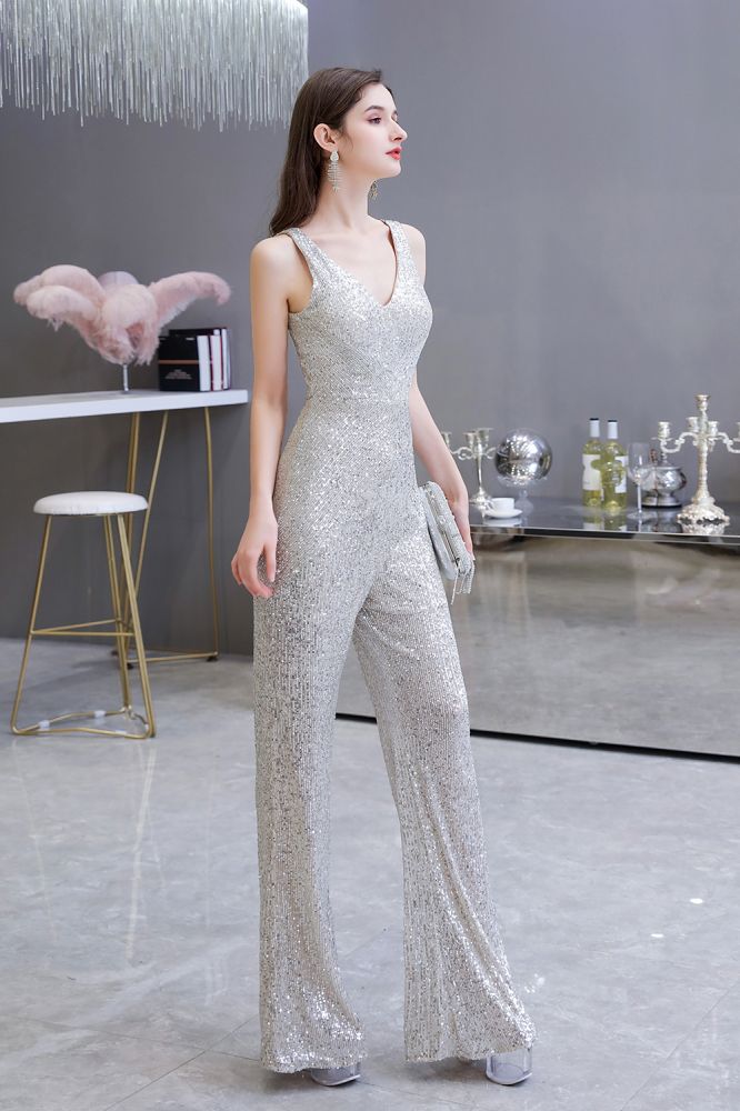 Sexy glänzender ärmelloser Ball-Jumpsuit mit silbernen Pailletten und V-Ausschnitt