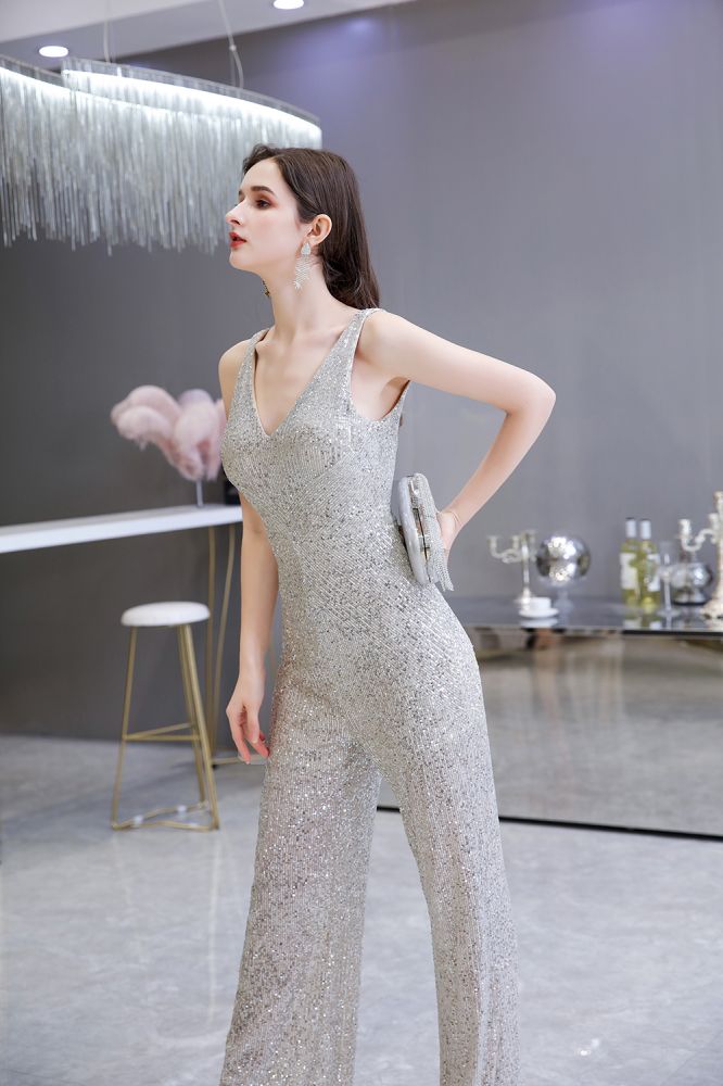 Sexy glänzender ärmelloser Ball-Jumpsuit mit silbernen Pailletten und V-Ausschnitt