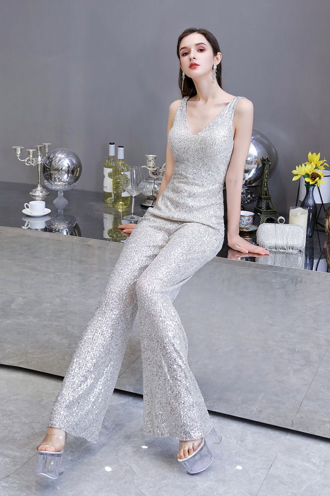 Sexy glänzender ärmelloser Ball-Jumpsuit mit silbernen Pailletten und V-Ausschnitt