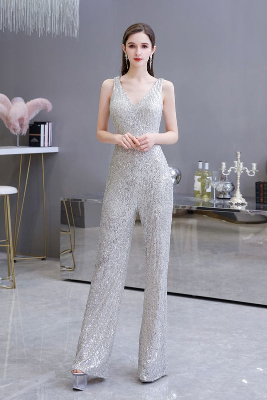 Sexy glänzender ärmelloser Ball-Jumpsuit mit silbernen Pailletten und V-Ausschnitt