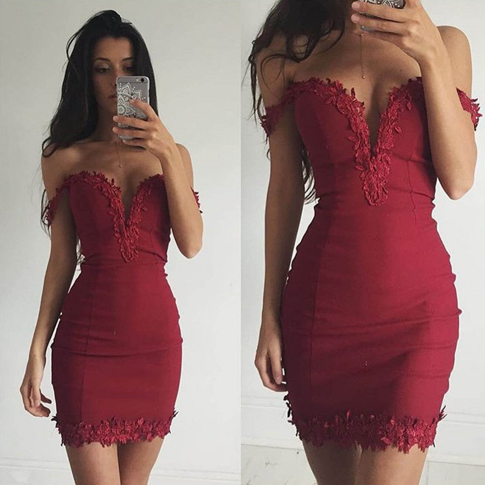 Sexy kurzes schulterfreies Ballkleid in Burgunderrot